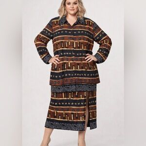 Maggie McNaughton
Skirt Set | Tribal Print |Button-Up Top & Slim Skirt with Slit
